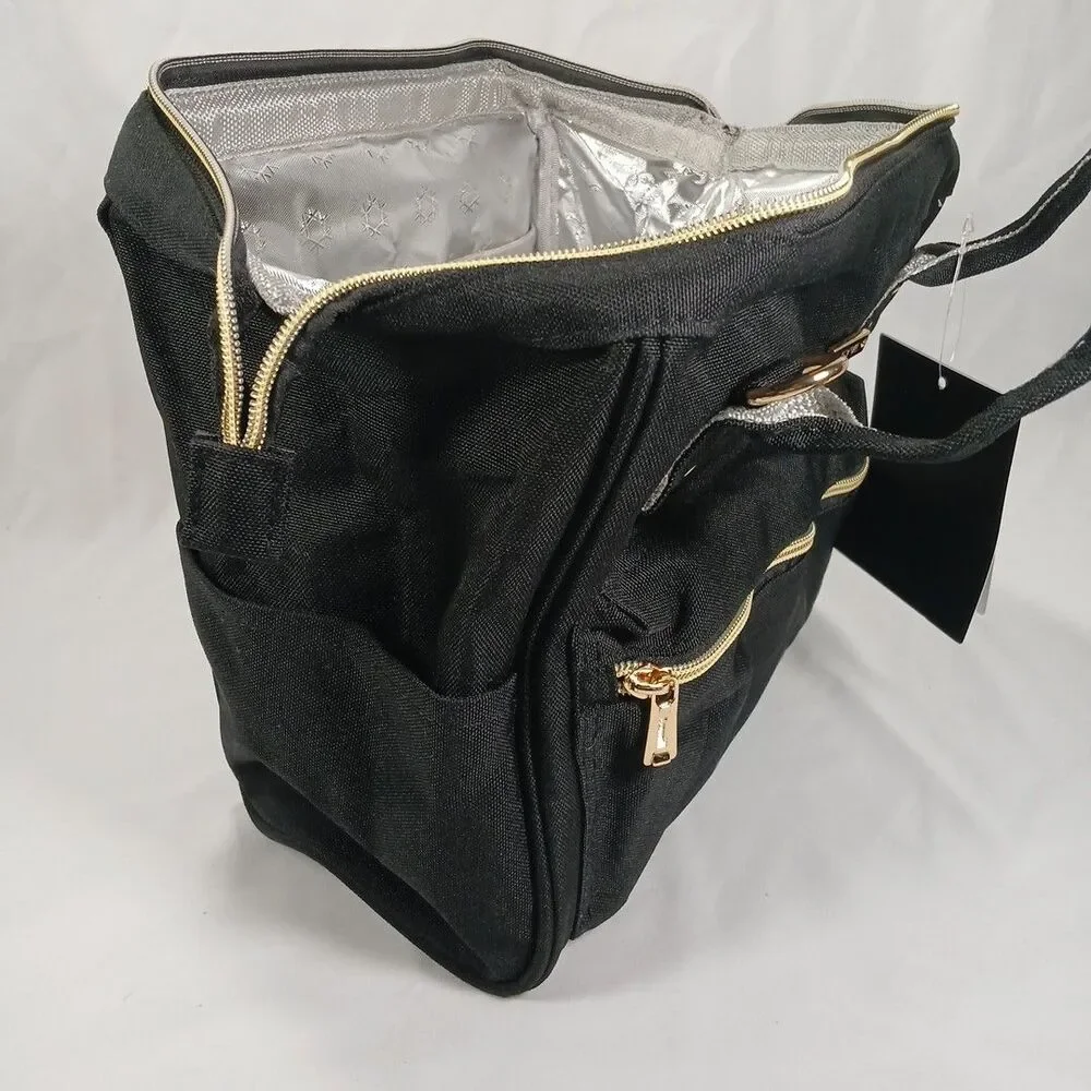 Tomill Insulated Cooler Lunchbox Tote Bag Black with Gold Zippers New Tags